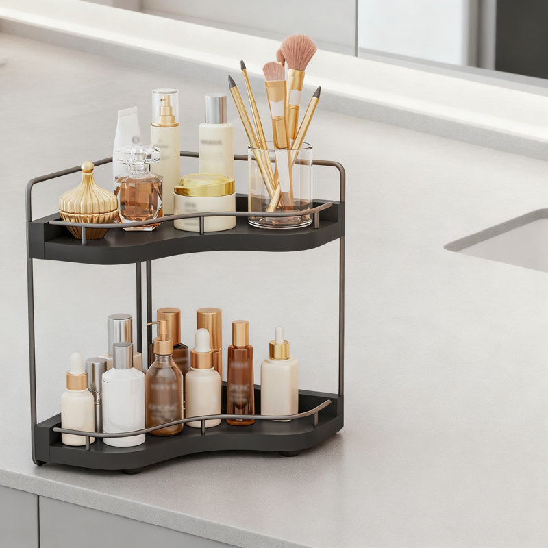 Organisateur de comptoir de salle de bain à 2 niveaux avec trous de vis intégrés, tablette de meuble-lavabo en bois sécuritaire et stable pour les essentiels de maquillage et de soins de la peau, rangement de comptoir de salle de bain peu encombrant