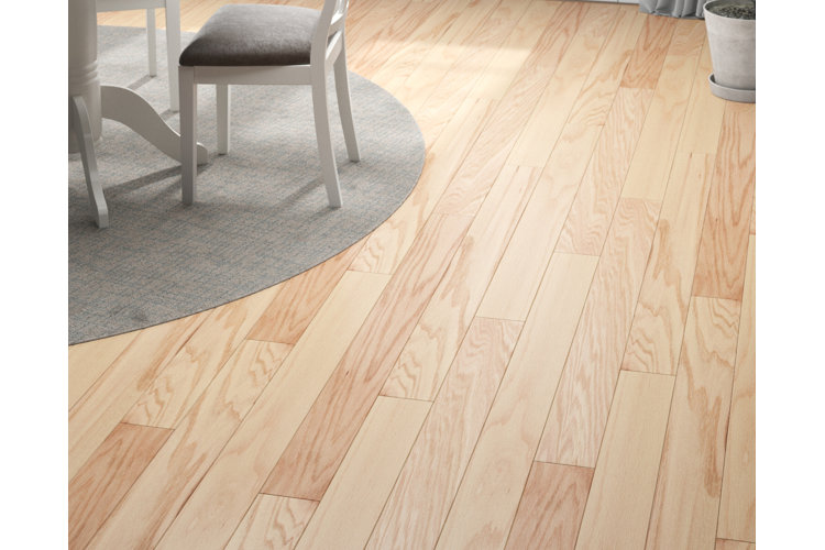 Blonde hardwood floors in a dining room.