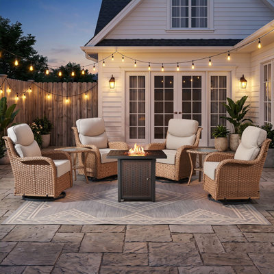 4 - Person Patio Furniture Chair Set With Fire Pit Table, 4 Swivel Glider Chairs With 6-Inch Cushions & Side Table