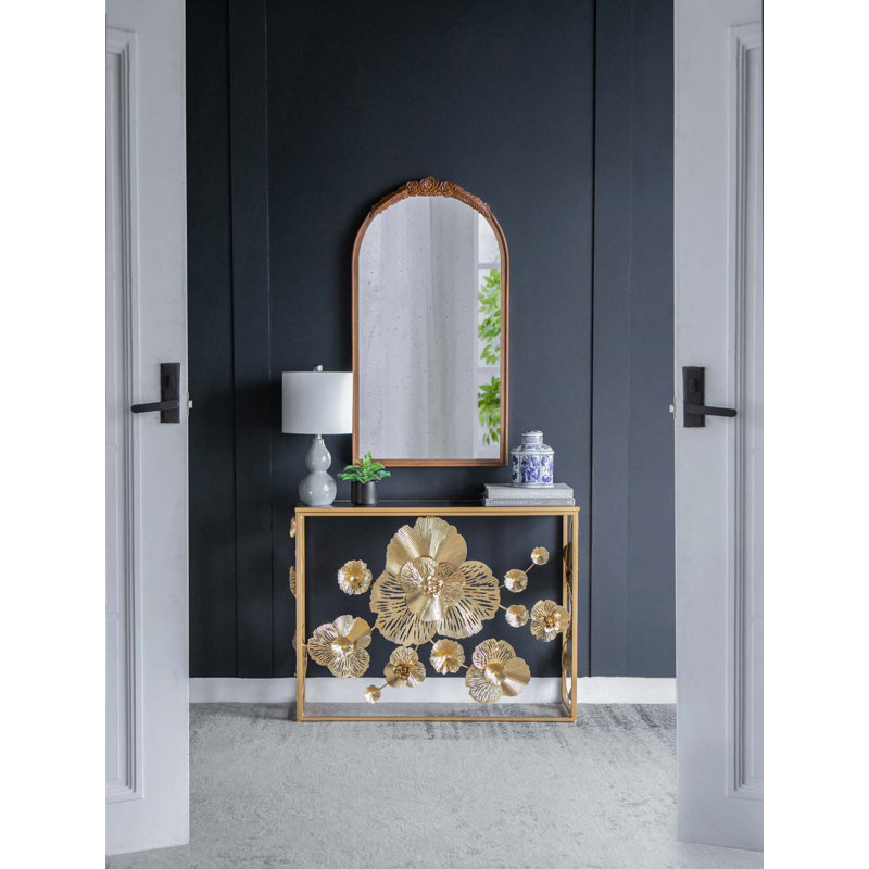Console 39,5 "x 12" x 30,5 "dorée avec plateau en verre miroir, table d'entrée moderne pour vestibule de vestibule de salon