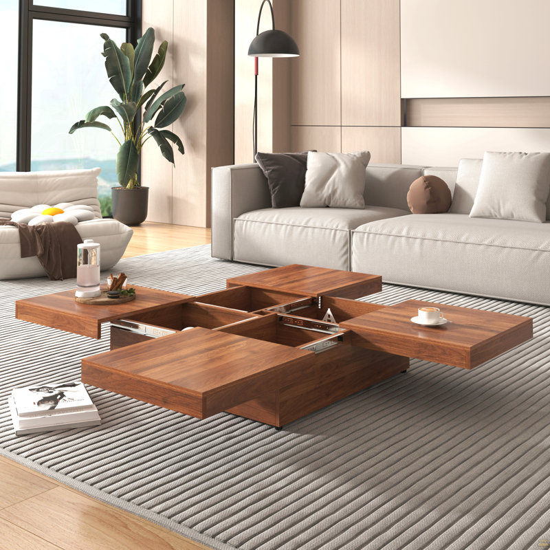 Table basse carrée en placage avec plateau coulissant et rangement, Noyer
