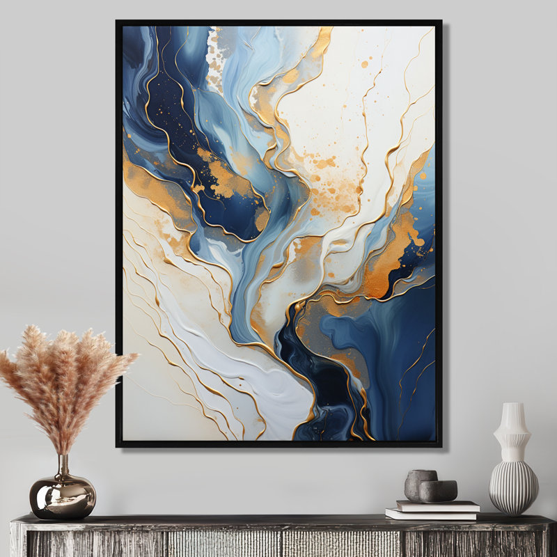 Sun Rays Ocean Blue White Gold III - Marble Wall Art Living Room, Toile avec cadre flottant noir, H 20 po x l 12 po x P 1 po