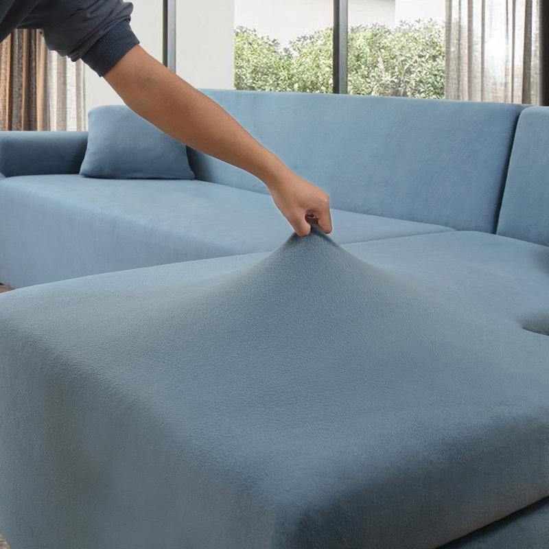 Thick Velvet L-Shaped Sofa Cover - Sectional Sofa Cover With 2 Throw Pillow Covers, Gray Blue