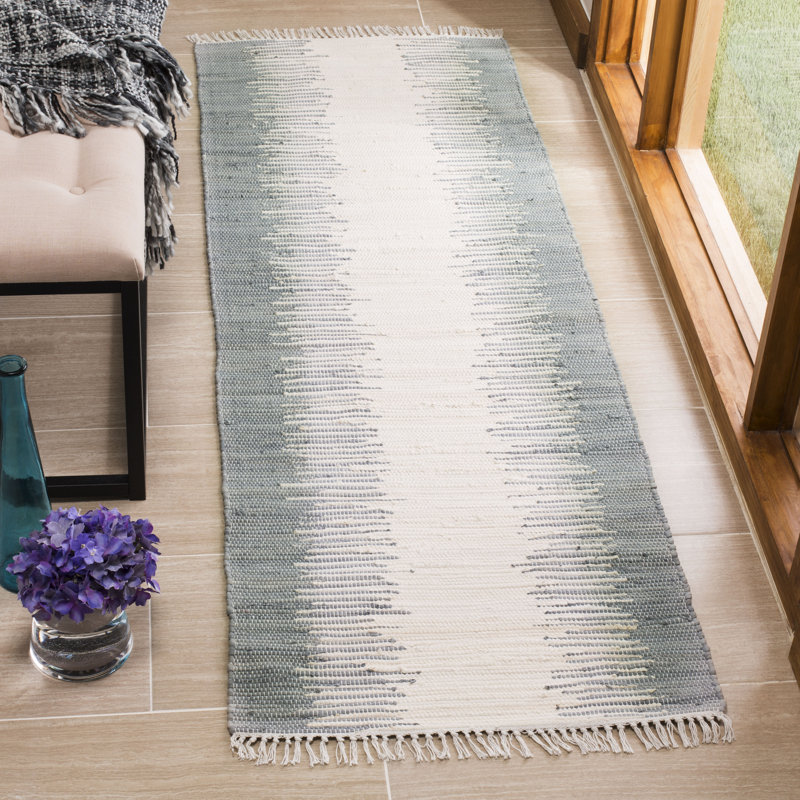 Tapis gris rayé 100% coton tissé à plat à la main Cayman, Tapis de couloir 2 pi 3 po x 6 pi