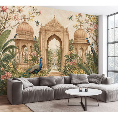 Wall Mural Peel and Stick Wallpaper Ornate Garden Peacocks Floral Archways Classical Domed Architecture Self-Adhesive Removable Contact Paper Wall Dec