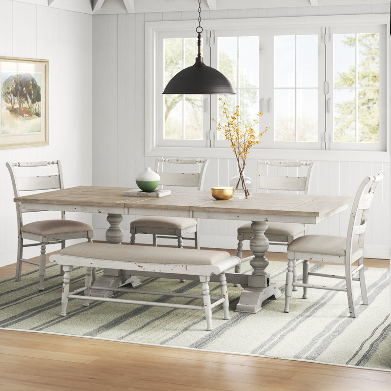 6 Person Bale Trestle Dining Table Set, 6 Pieces: Table, Bench, 4 Chairs