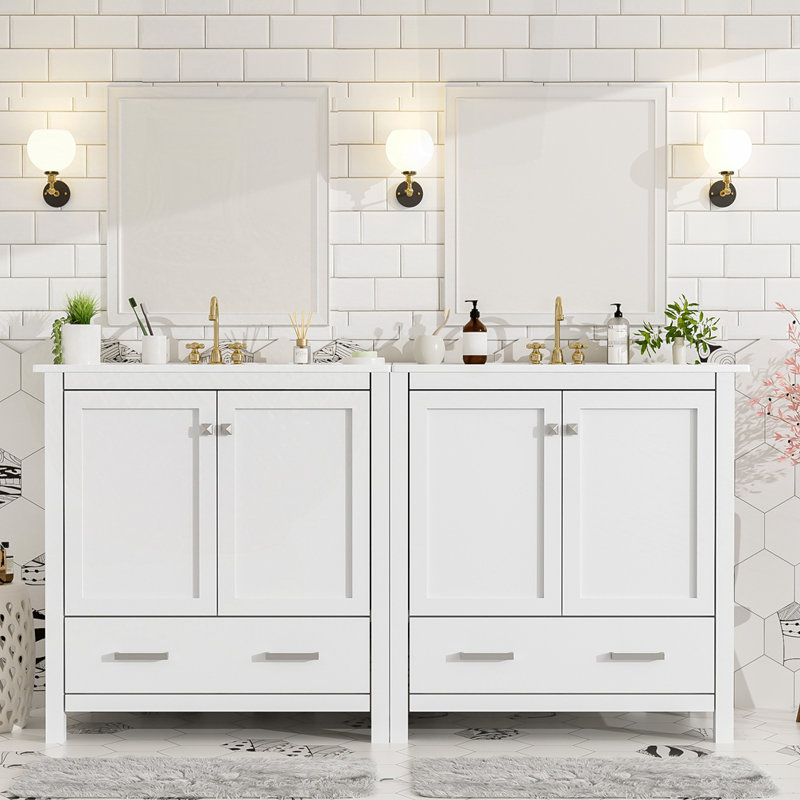 60" Bathroom Vanity Set with Double Vanities, White/Silver