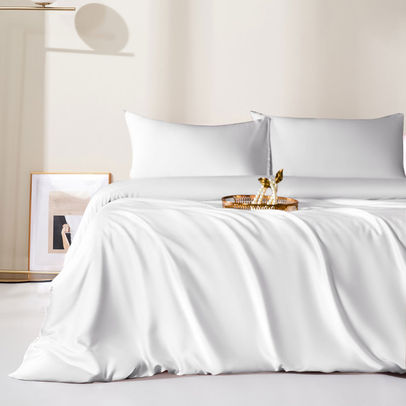 Ensemble de housse de couette 3 pièces 100% rayonne de bambou, Blanc, Housse de couette pour grand lit et 2 taies décor