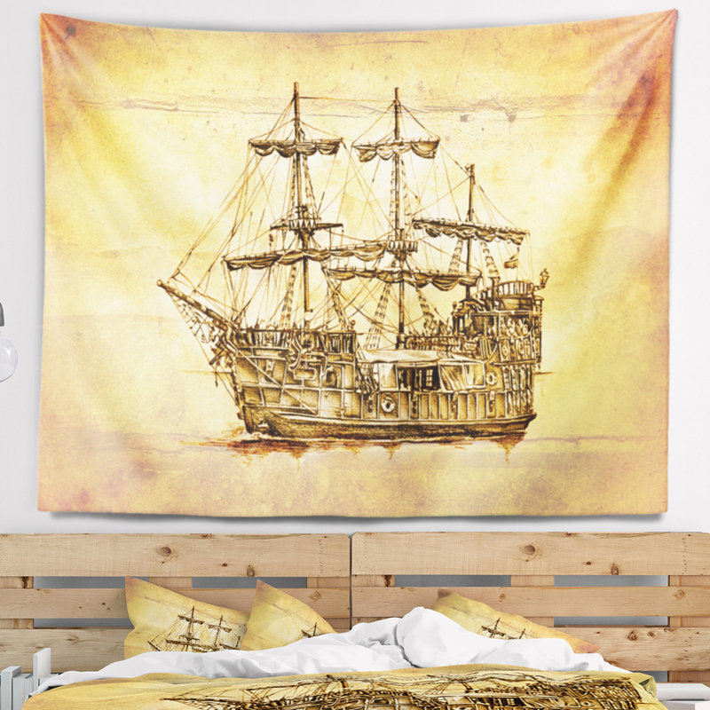 Tapisserie de bateau en mouvement antique en mer de polyester avec accessoires suspendus inclus, H 32 po x l 39 po