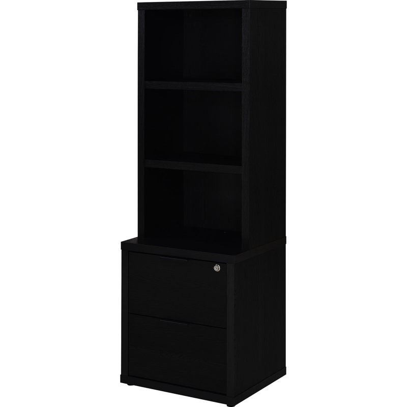 Bibliothèque murale noire à trois pièces avec tablette, fonction de tablette de tour et tablettes ouvertes, tiroirs sécurisés pour une présentation stylisée dans un arrangement de rangement principal, noir