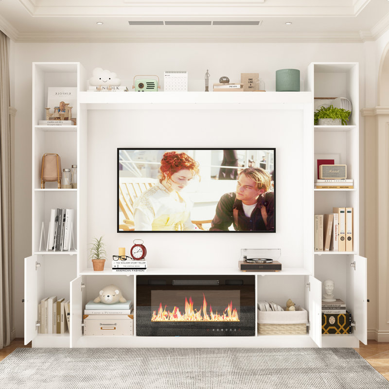 Media Center With Electric Fireplace Heater, White