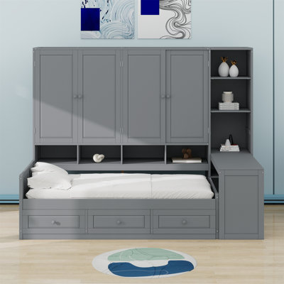 Wooden Daybed With Three Drawers, And All-In-One Cabinet, Desk And Shelves