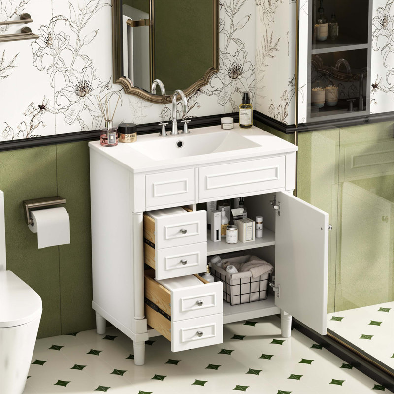 Meuble-lavabo sur pied 30 po avec lavabo, armoire de rangement autoportante avec porte à fermeture douce, 2 tiroirs, White
