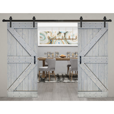 Porte de grange coulissante double en bois massif de style K avec ensemble de quincaillerie - Assemblage requis