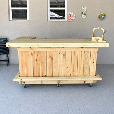 60" L-shaped Outdoor Wooden Mobile Bar Cart With Storage And Caster Wheels