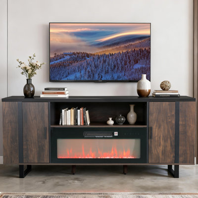 72" Modern Fireplace TV Stand For Tvs Up To 85" With 36" Electric Insert, Adjustable Storage & 8-Color Flames, Metal Base