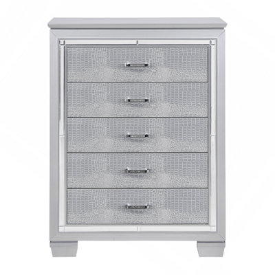 Glamourous Silver Finish 1Pc Chest Of 5X Dovetail Drawers Faux Alligator Embossed Fronts Bedroom Furniture