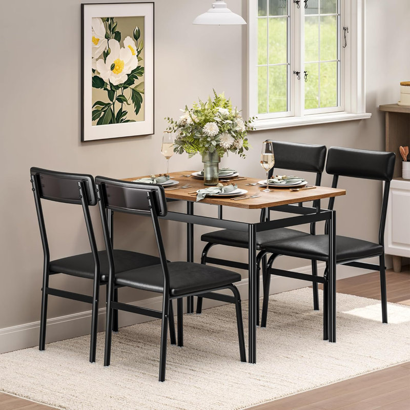 5-Piece Dining Table Set for 4, Wood & Metal Kitchen Dinner Table Set with 4 Upholstered Chairs, Modern Design and Space-Saving, for Dining Room, Apartment, Easy to Assemble, Black