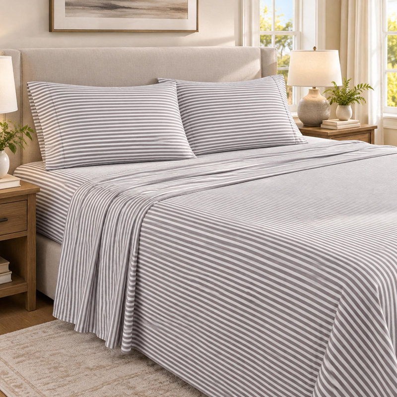 Microfiber Sheet Set, King Sheet Set with 4 Pillowcases, Brown Striped