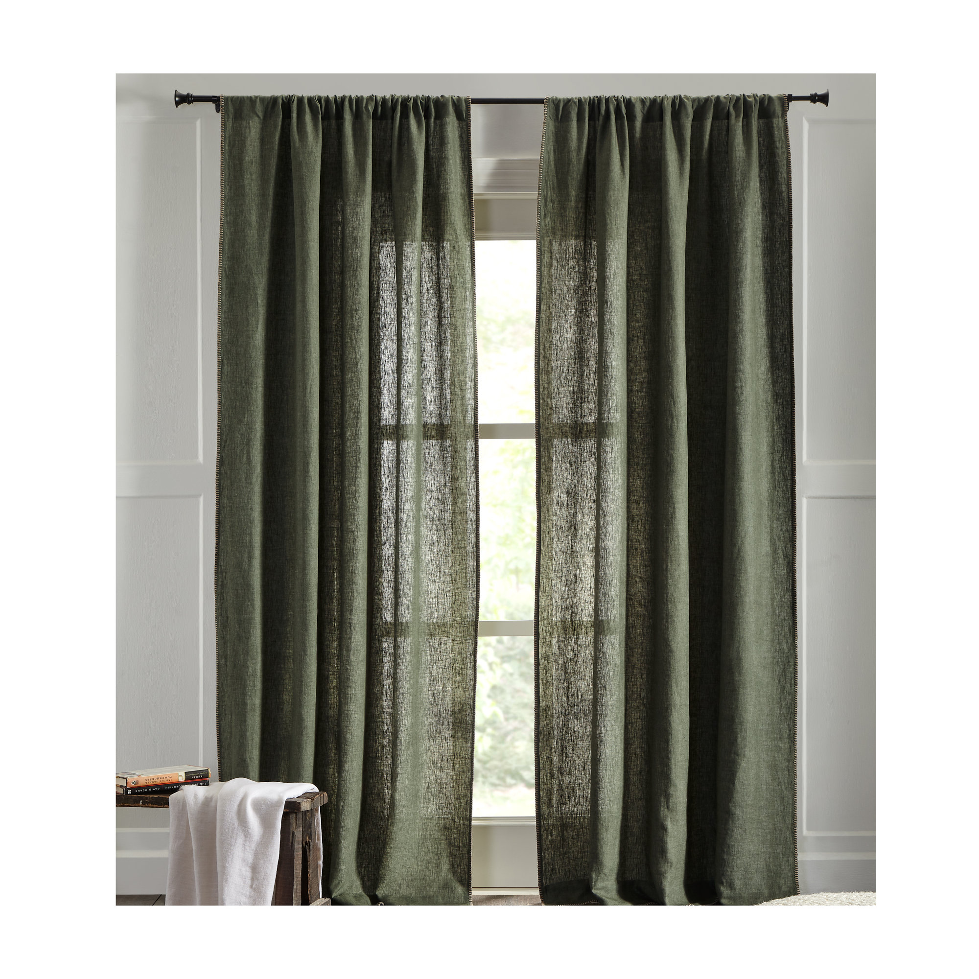 Brian Semi Sheer 100% Linen Curtain, Kale, 50" W x 96" L