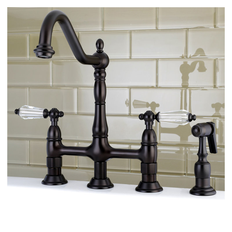 Kingston Brass Wilshire Two-Handle 4-Hole Deck Mount Bridge Kitchen Faucet with Side Sprayer, Oil Rubbed Bronze