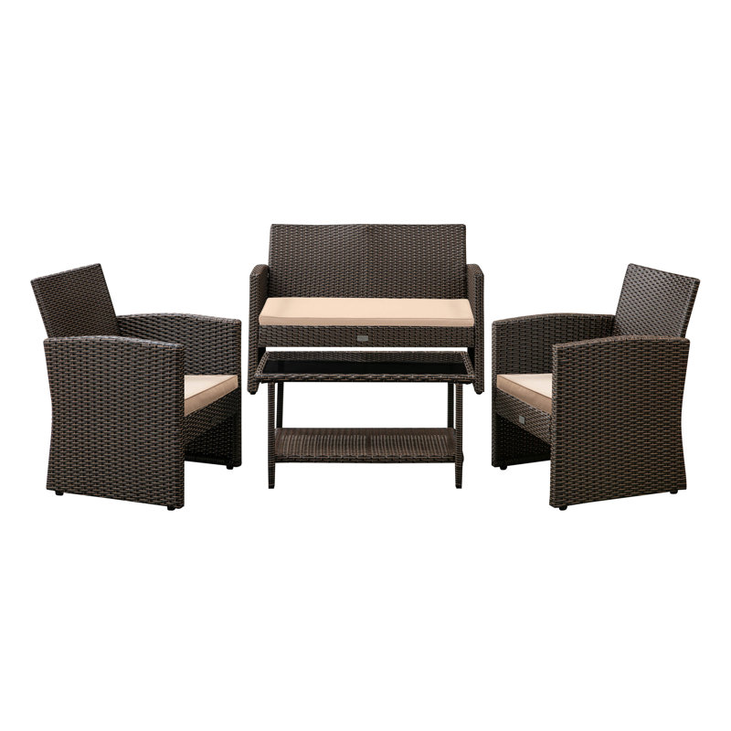 Ashville Conversation Wicker Sofa Set - Sofa, Table & Two Armchairs Included Khaki Cushions