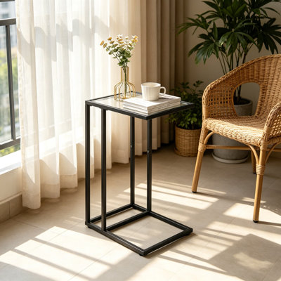 C-Shaped End Table with Tempered Glass Top, Metal Frame, Side Table for Small Spaces, Couch Table for Living Room, Bedroom, Office
