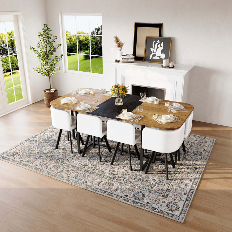 Ensemble de salle à manger 9 pièces 9 pièces pour 8 chaises de table en grain de bois bicolore et 8 chaises en similicuir blanc