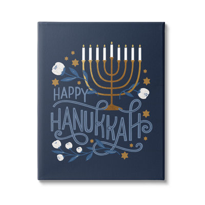 Happy Hanukkah Traditional Menorah Symbols by Loni Harris - Wrapped Canvas Textual Art