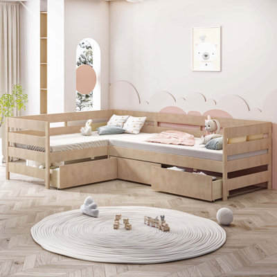 Lit plateforme simple en forme de L avec trois tiroirs de rangement