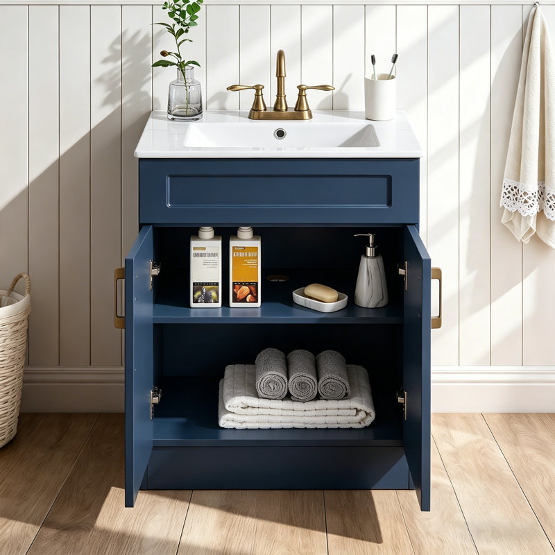 Meuble-lavabo autoportant moderne Peura 24 po avec lavabo en céramique intégré, Bleu