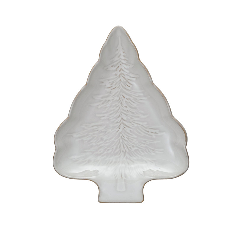 Stoneware Tree Shaped Plate With Tree Design With Reactive Glaze