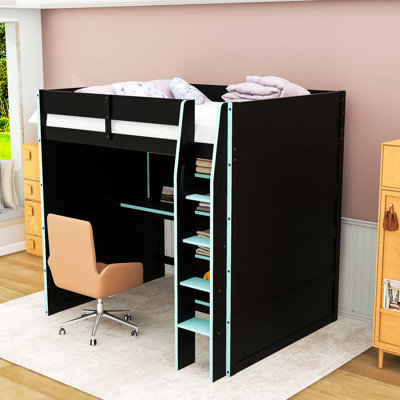 Lit mezzanine double en bois avec lumières DEL, bureau et tablettes