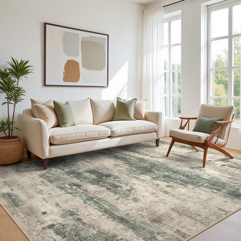 Tapis d'intérieur 9 x 12 pour chambre à coucher, tapis moderne lavable à la machine, grand revêtement de sol à poils courts et doux avec envers antidérapant pour la salle à manger, gris / vert foncé
