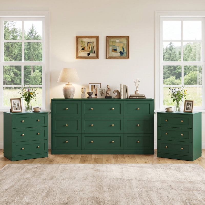 Ensemble de commode de chambre 3 pièces Mayview avec commode 9 tiroirs et deux commodes 3 tiroirs, Blanc