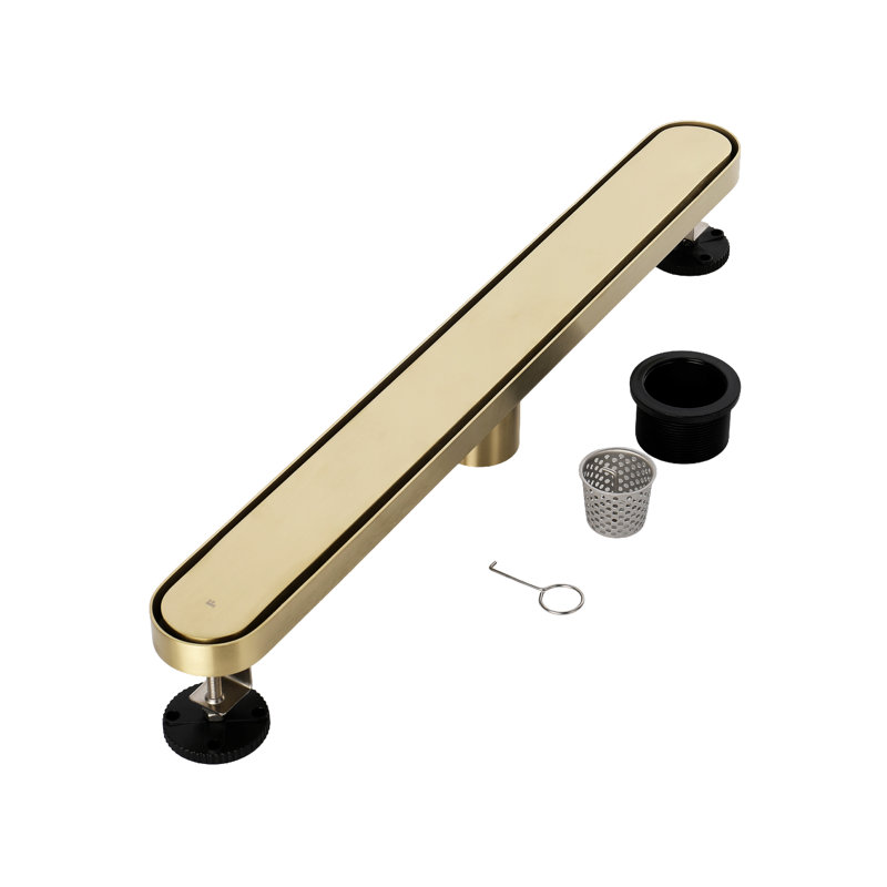 FINE FIXTURES 32-Inch Linear Shower Drain, Tile Insert & Grate 2-in-1 Design, Rounded Edge, 10-Gauge Stainless Steel, Center Outlet, Hair Strainer Included