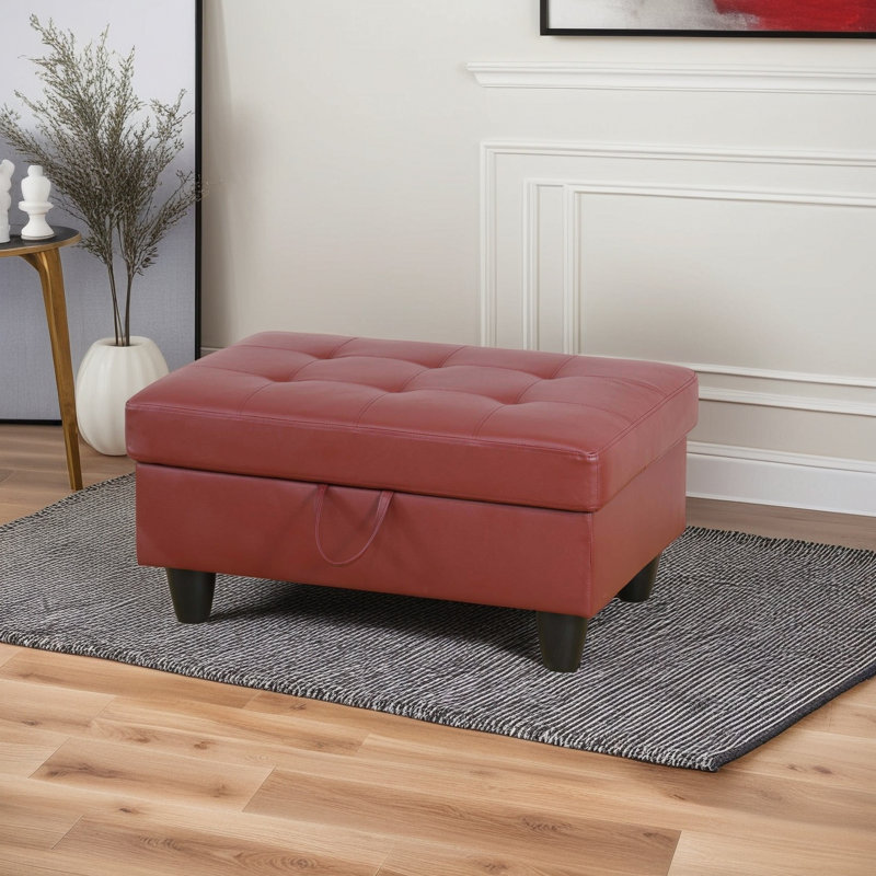 Faux Leather Ottoman, Red Faux Leather, Black