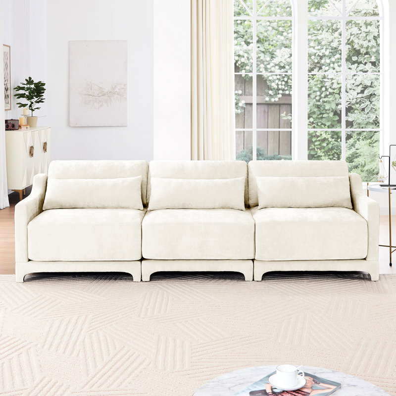 Chenille à trois places en beige, avec un coussin lombaire ergonomique, une structure et un assemblage facile pour de multiples décorations Beige avec support, coussins élégants et à haute résilience, conception modulaire