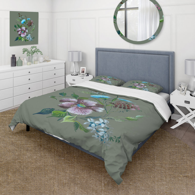 Fleurs de printemps mauves et turquoise - Ensemble de housse de couette traditionnel - Microfibre de polyester