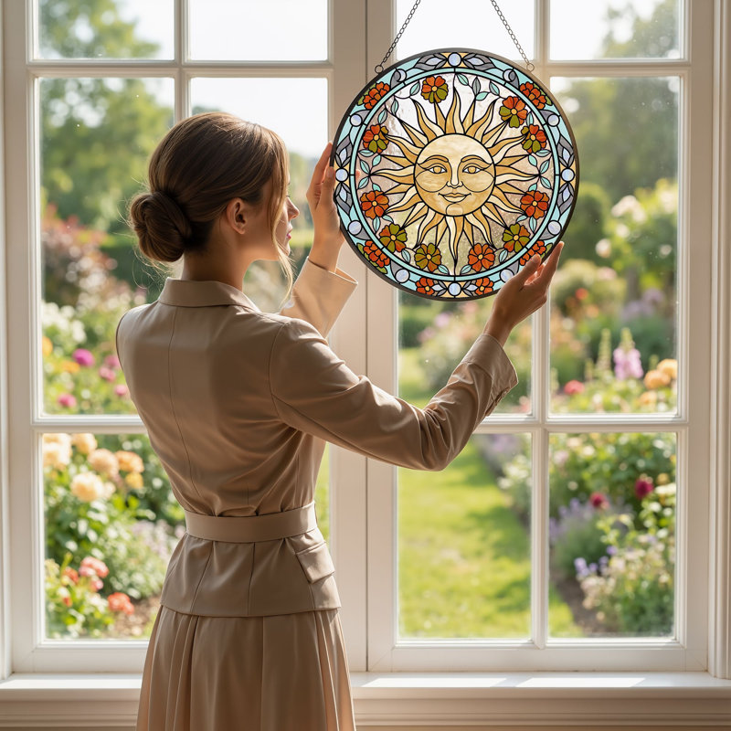 Panneau de vitrail Sun Face ， 7,8H, H 7,8 po