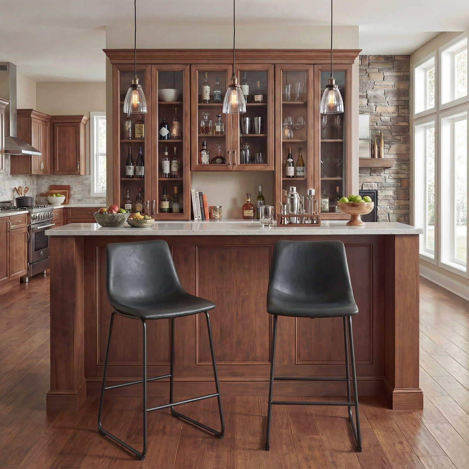 Anke Vegan Leather Armless (Set of 2), Black, Bar Stool (29" Seat Height)