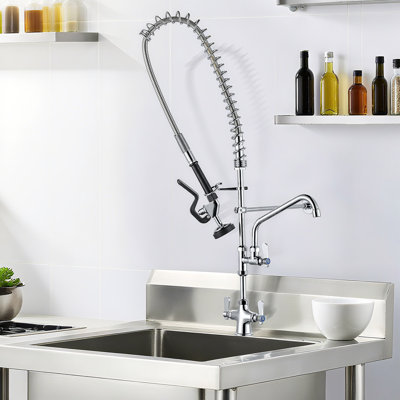 Brass Commercial Deck Mount Triple Handle Pull Down Sprayer Kitchen Faucet With Pre-Rinse Sprayer