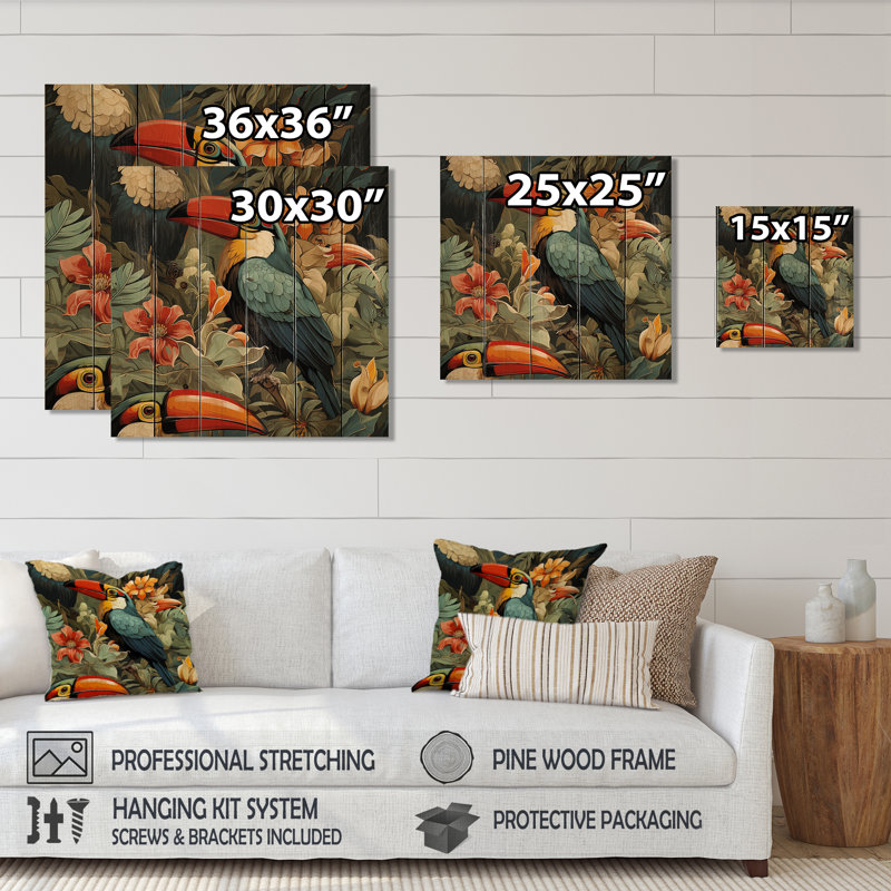 Toucan, tapisserie, motif tropical - art mural floral sur bois de pin naturel, H 30 po x l 30 po