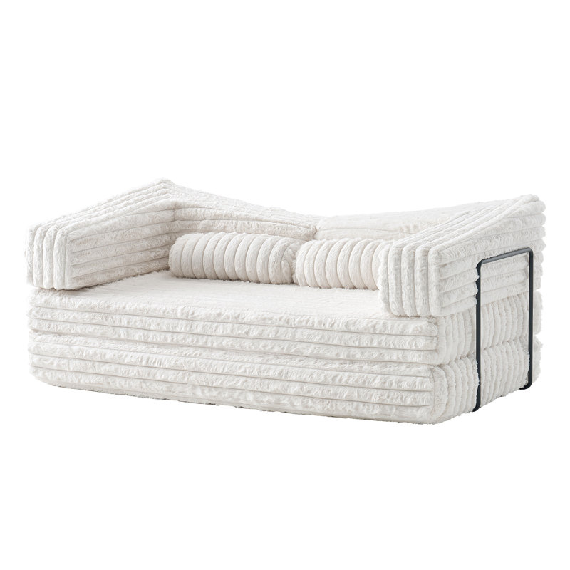 Boneless Convertible 2-In-1 Corduroy Folding Sofa Bed, 73” Wide Loveseat Sleeper For Apartments & Guest Rooms, White