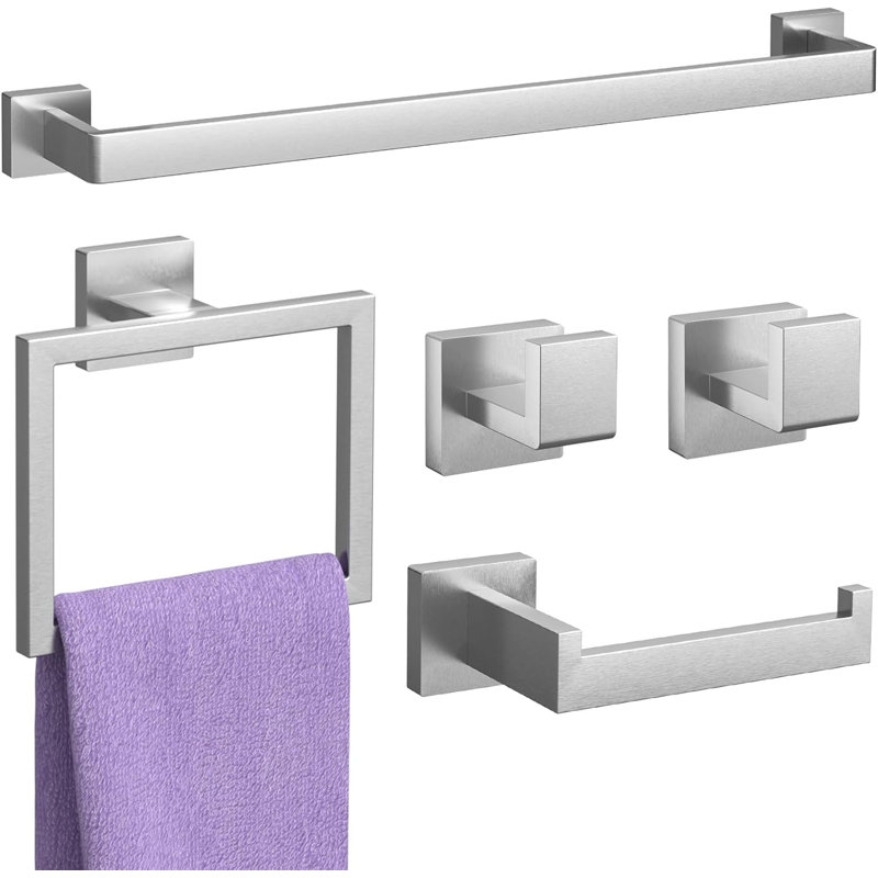 Bathroom Accessories Set - 5 Piece SUS 304 Stainless Steel Wall Mounted Towel Bar, Ring, Hooks And Toilet Paper Holder For Bathroom Hardware