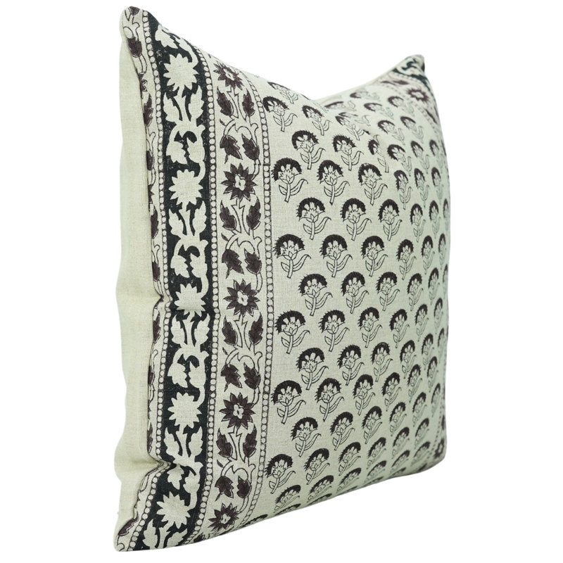 Housse de coussin intérieur / extérieur Floral Linen, 14 po x 14 po, Motif floral noir / beige 3, Carré