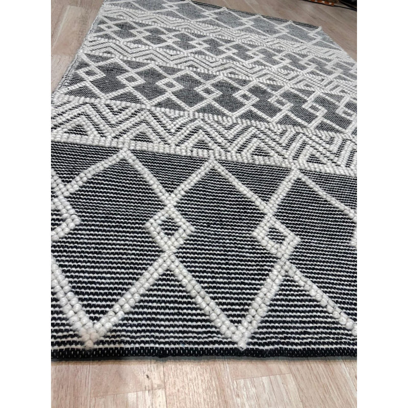 Black Handwoven Wool Diamond Gridlock Geometric Modern Contemporary Carpet Rug, 5' x 8'