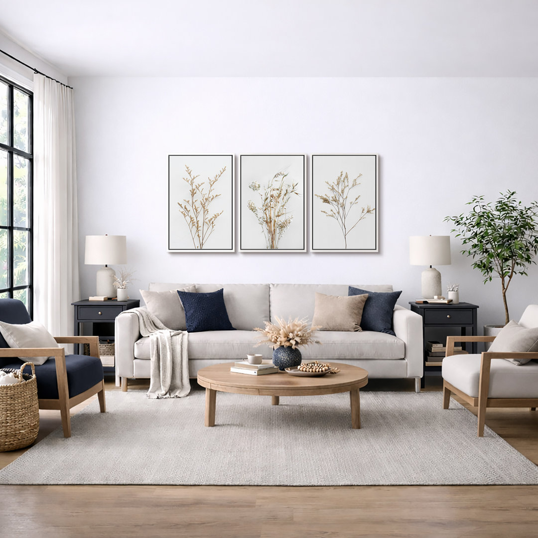 Minimal Botanical "Neutral Wildflowers Floral Artwork, Simple Organic Modern Wall Pictures, Large Framed Canvas Giclee Print 3 Pieces Wall Art Set"  IDEA4WALL Frame 