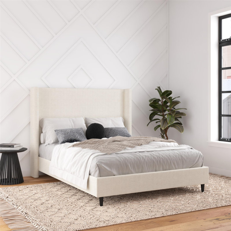 Ana Upholstered Wingback Platform Bed, Ivory Boucle, Queen