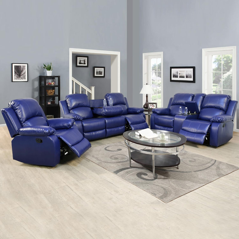 Ensemble de salon inclinable 3 pièces Amaker, 3, Similicuir bleu